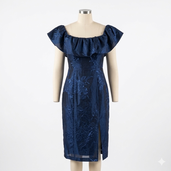 Monique Lhuillier Dresses & Skirts - Monique Lhuillier Off The Shoulder Metallic Fil Coupe Midi Dress Size 12